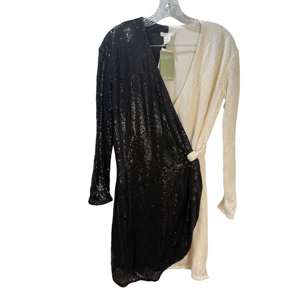 H&M Sequin Black & White Wrap Dress‎ Size S